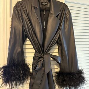 LAMARQUE Black Leather Jacket with Feather Cuffs